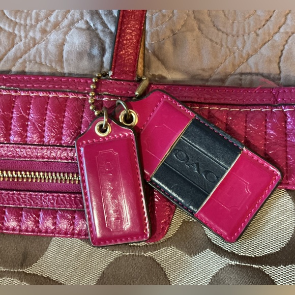 COACH Hot Pink and Tan Quilted Signature with two Hangtags Keychain - Picture 2 of 16
